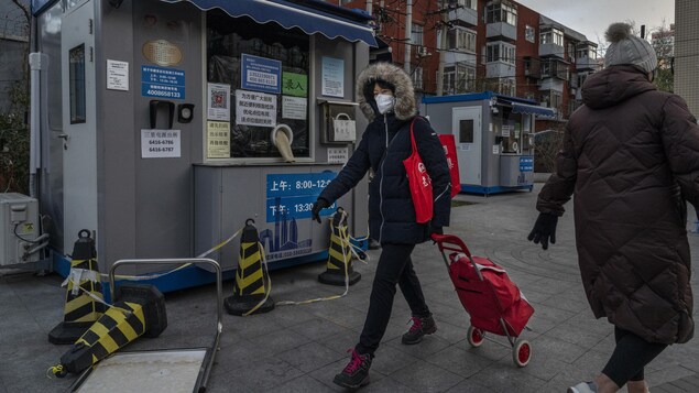 Une femme portant un masque et tirant un panier de courses passe dans une rue.