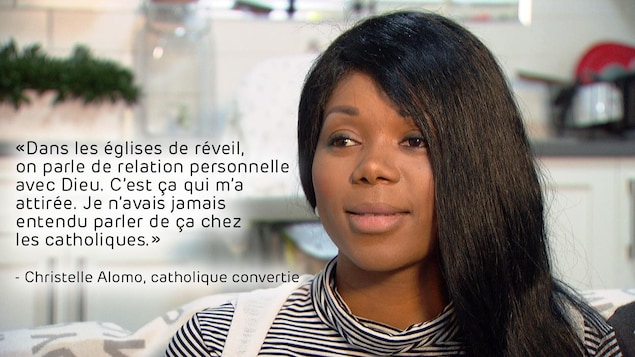 Portrait de Christelle Alomo, catholique reconvertie, avec citation incrustée dans l'image : « Dans les églises de réveil, on parle de relation personnelle avec Dieu. C’est ça qui m’a attirée. Je n’avais jamais entendu parler de ça chez les catholiques. » Portrait de Christelle Alomo, catholique reconvertie, avec citation incrustée dans l'image : « Dans les églises de réveil, on parle de relation personnelle avec Dieu. C’est ça qui m’a attirée. Je n’avais jamais entendu parler de ça chez les catholiques. »
