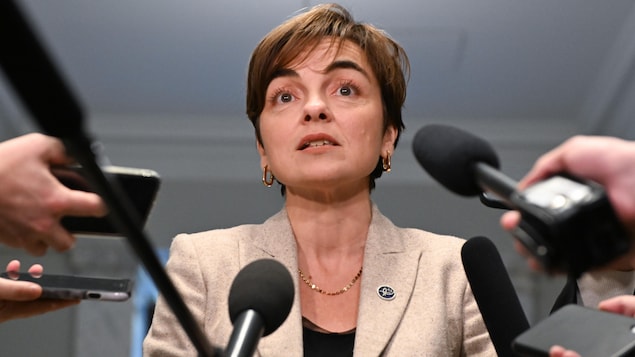 La ministre québécoise de l'Immigration, Christine Fréchette, devant de nombreux micros. 