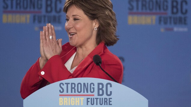 Christy Clark, la chef du Parti libéral, lors de son discours le 9 mai, après l'annonce d'un gouvernement libéral minoritaire