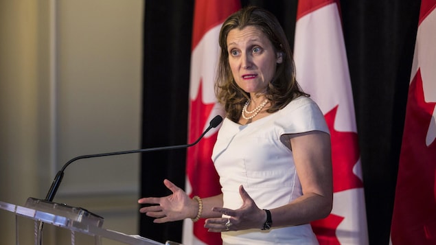 Mme Freeland parle devant des drapeaux du Canada.