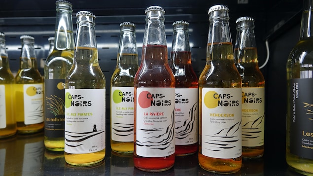 Des bouteilles de cidre des Caps-Noirs dans un réfrigérateur commercial.