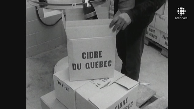 Homme plaçant une bouteille dans une boîte identifiée Cidre du Québec