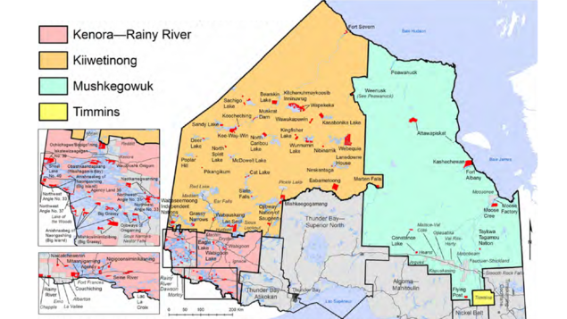 Carte électorale de Kenora-Rainy River, Kiiwetinong, Mushkegowuk et Timmins Carte électorale de Kenora-Rainy River, Kiiwetinong, Mushkegowuk et Timmins