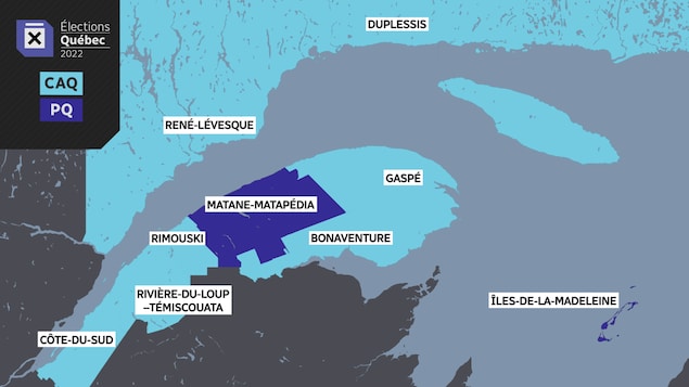 La carte électorale des circonscriptions de l'Est-du-Québec le soir de l'élection du 3 octobre 2022.