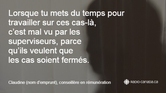 Dans le photomontage, on peut lire : « Lorsque tu mets du temps pour travailler sur ces cas-là, c’est mal vu par les superviseurs, parce qu’ils veulent que les cas soient fermé. » Dans le photomontage, on peut lire : « Lorsque tu mets du temps pour travailler sur ces cas-là, c’est mal vu par les superviseurs, parce qu’ils veulent que les cas soient fermé. »