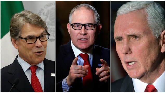 De gauche à droite : Rick Perry, secrétaire à l'Énergie; Scott Pruitt, secrétaire de l'Agence de protection de l'environnement; Mike Pence, vice-président des États-Unis. De gauche à droite : Rick Perry, secrétaire à l'Énergie; Scott Pruitt, secrétaire de l'Agence de protection de l'environnement; Mike Pence, vice-président des États-Unis.