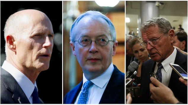 De gauche à droite : Rick Scott, gouverneur de la Floride; Myron Ebell, conseiller; James Inhofe, sénateur de l'Oklahoma. De gauche à droite : Rick Scott, gouverneur de la Floride; Myron Ebell, conseiller; James Inhofe, sénateur de l'Oklahoma.