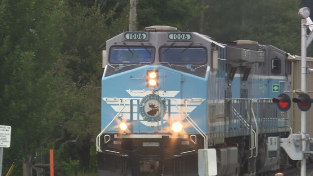Une locomotive bleue avec des lumières allumées en avant passe sur une traverse ferroviaire.