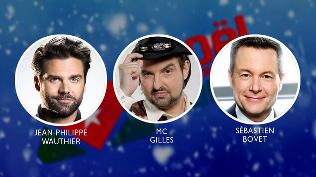 Photos des trois coanimateurs du 60e Téléthon le Noël du pauvre, Jean-Philippe Wauthier, MC Gilles et Sébastien Bovet