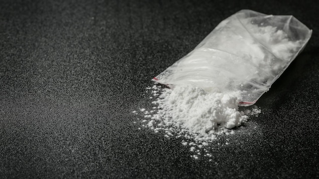 Plan rapproché d'une petite quantité de cocaïne dans un sac de plastique.