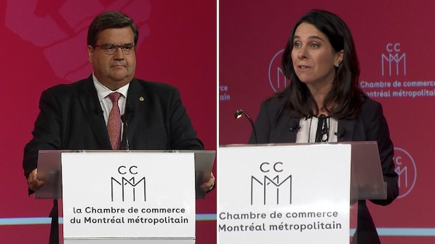 Denis Coderre et Valérie Plante lors du débat organisé par la Chambre de commerce du Montréal métropolitain, au Centre Sheraton