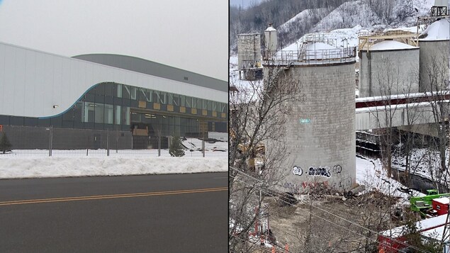 Montage-photo de la façade du nouveau Colisée de Trois-Rivières et d'une vue à vol d'oiseau du site de l'ancienne usine Belgo de Shawinigan.