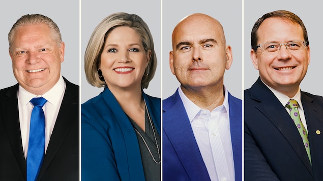 安大略省四個政黨的領袖 Doug Ford, Andrea Horwath, Steven Del Duca 和 Mike Schreiner