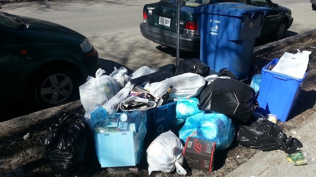 Des sacs à ordures et des bacs de recyclage en bordure d'une rue, dans le secteur Limoilou, à Québec
