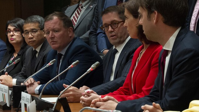 Des membres du Grand Comité international sur les mégadonnées, la protection des renseignements personnels et de l’éthique sont assis au cours d'une conférence de presse, pendant laquelle le député conservateur Bob Zimmer répond à la question d'un journaliste.