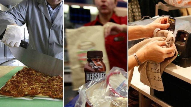Trois images de personnes au travail : un coupe une pizza, une autre emballe des produits alors qu'une dernière nettoie une caisse. 