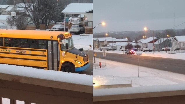 Un montage photo entre un autobus scolaire et une autopatrouille arrêtant une voiture.