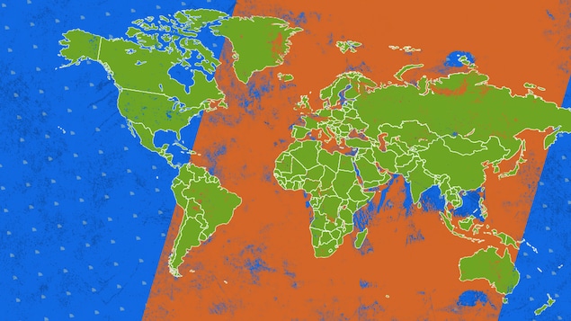 Une carte du monde sur un fond bleu et orange.