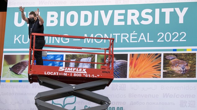 Inihahanda ng mga manggagawa ang Montreal Convention Centre para sa UN Biodiversity Conference COP15.