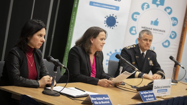 Valérie Plante, Mylène Drouin et Sylvain Caron lors d'une conférence de presse à propos de la COVID-19.