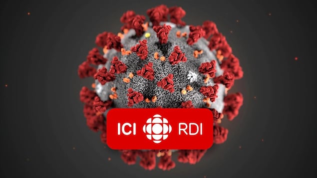 Représentation du coronavirus. Le logo d'ICI RDI apparaît devant la représentation.