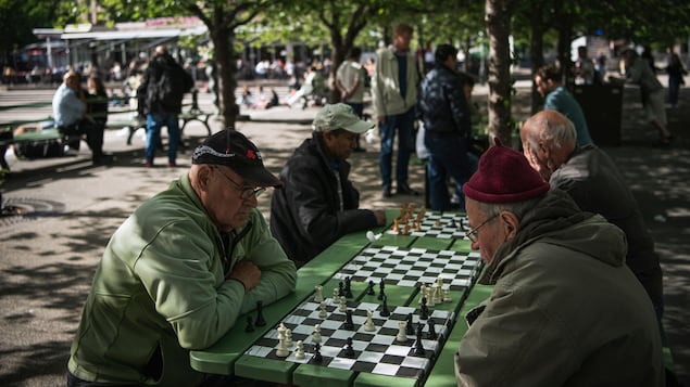 Des hommes jouent aux échecs dans un parc de Stockholm le 29 mai 2020, en pleine pandémie du coronavirus