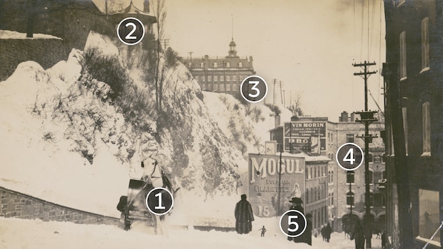Des passants la côte de la Montagne enneigée, durant l'hiver 1909-1010.