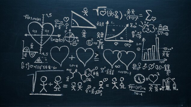 Une infographie montre sur un tableau noir des coeurs, des équations mathématiques et des bonhommes allumettes.