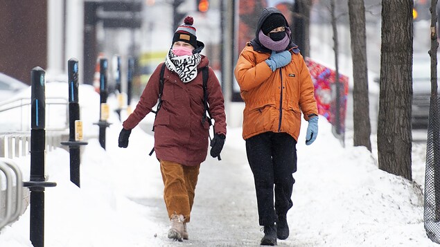 Deux personnes habillées chaudement marchent sur le trottoir avec un masque.