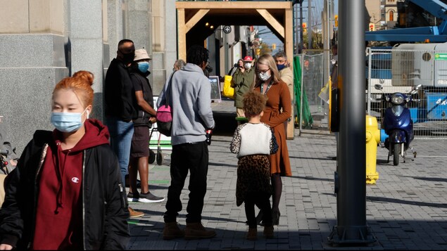 Scène sur un trottoir. Les passants portent le masque.