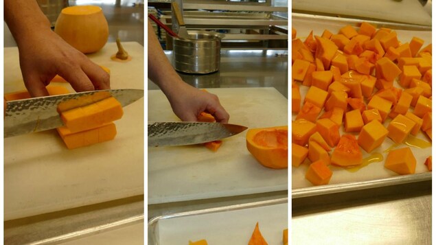 Avec un couteau, on découpe des cubes de courges. Avec un couteau, on découpe des cubes de courges.