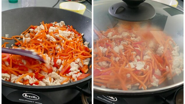 Cuisson des légumes et du poulet. Cuisson des légumes et du poulet.