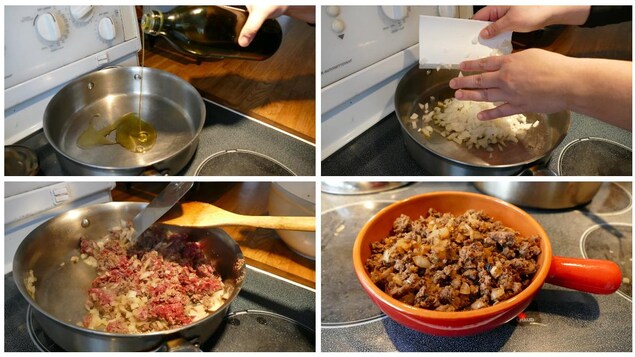 La cuisson de la viande d'orignal avec les oignons et l'ail La cuisson de la viande d'orignal avec les oignons et l'ail