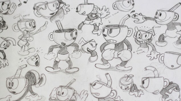 Un gros plan sur une feuille pleine de croquis montrant le personnage de Cuphead en train d'effectuer différentes actions. Un gros plan sur une feuille pleine de croquis montrant le personnage de Cuphead en train d'effectuer différentes actions.