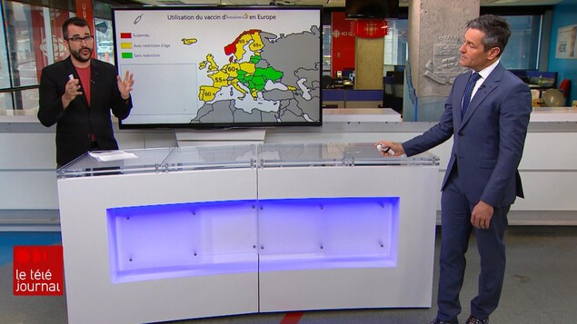 Jean-François Blanchet et Bruno Savard devant une carte colorée de l'Europe.