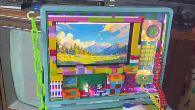 Un ordinateur est encastré dans une valise très décorée d'objets colorés.
