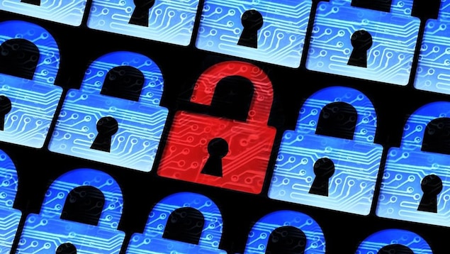 Un cadenas rouge ouvert dans une rangée pour symboliser un problème de sécurité informatique.
