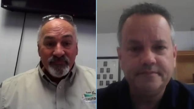 Le maire de Dalhousie Normand Pelletier et le maire de Balmoral Guy Chiasson participent à une vidéoconférence.