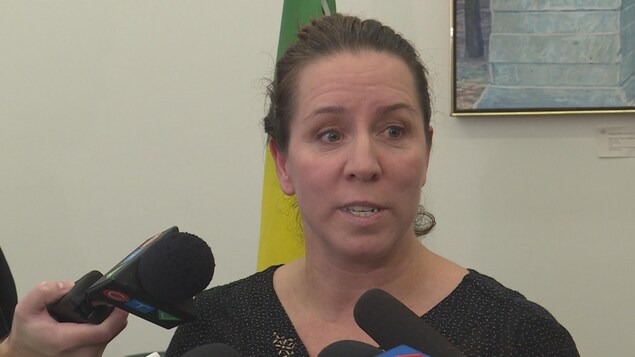 Danielle Chartier parle devant des micros.