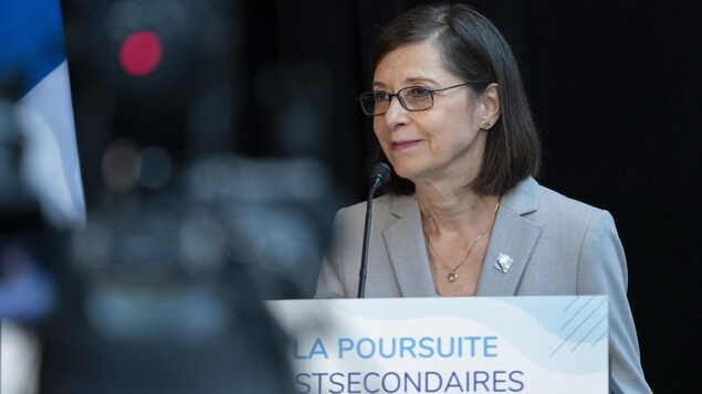 La ministre Danielle McCann, assise pour un point de presse.