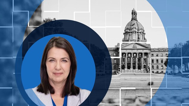 Montage photo d'un portrait de Danielle Smith dans un rond devant la législature en Alberta pour les élections du 6 octobre 2022.