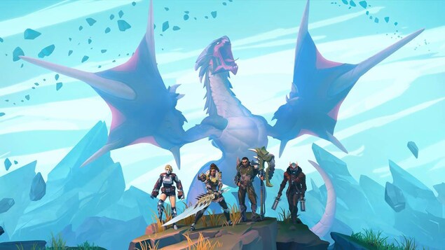 Des personnages en habit de combat sur une colline avec un fond bleu et un immense dragon en arrière-plan.