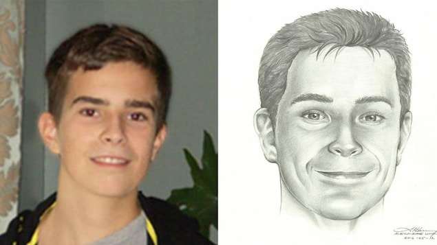 David Fortin au moment de sa disparition et un portrait-robot de lui avec les traits plus vieux.