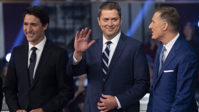 Justin Trudeau, Andrew Scheer et Maxime Bernier.