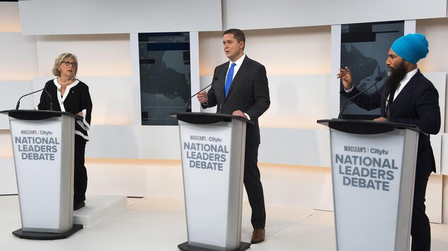 Elizabeth May, Andrew Scheer et Jagmeet Singh débattent.