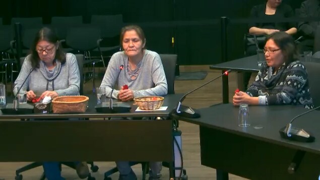 Trois femmes autochtones témoignent lors d'une commission d'enquête. Trois femmes autochtones témoignent lors d'une commission d'enquête.