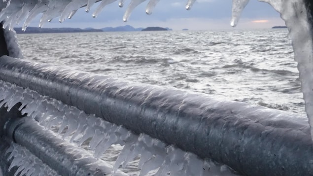 Une barrière givrée devant le fleuve Saint-Laurent, à Rimouski.