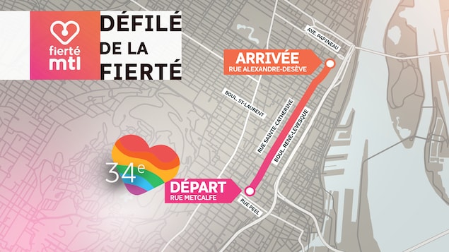 La carte de Montréal montre où a circulé le défilé de la fierté. La carte de Montréal montre où a circulé le défilé de la fierté.