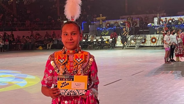 Demi Potts, of Alexis Nakota Sioux Nation, following her winning dance at the Gathering of Nations, a powwow in Albuquerque, N.M. (Submitted by Claudette Pastion)